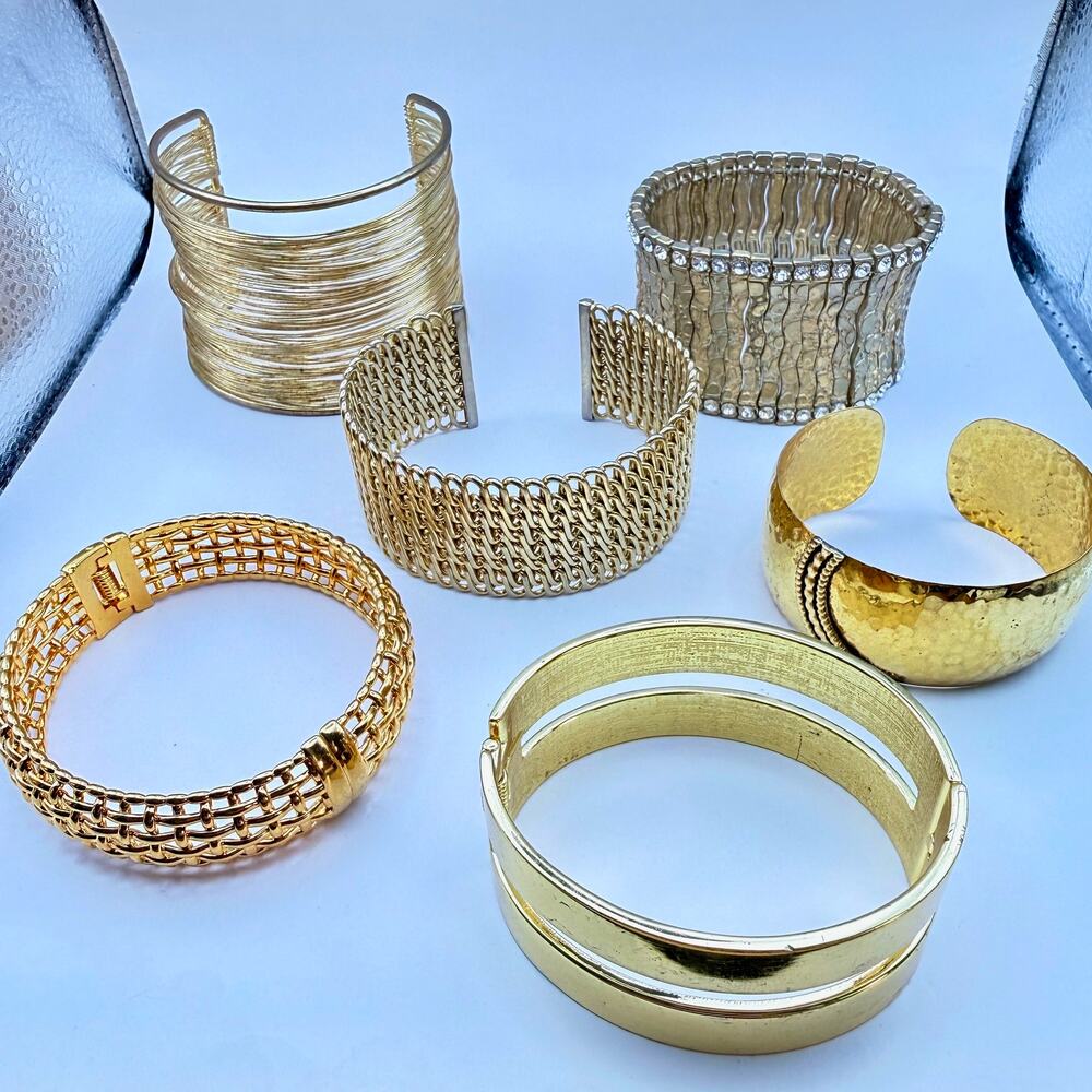 Lot 6 Gold Tone Bangle Cuff Bracelet Set Woven Mesh Wire Crystal MCM Statement